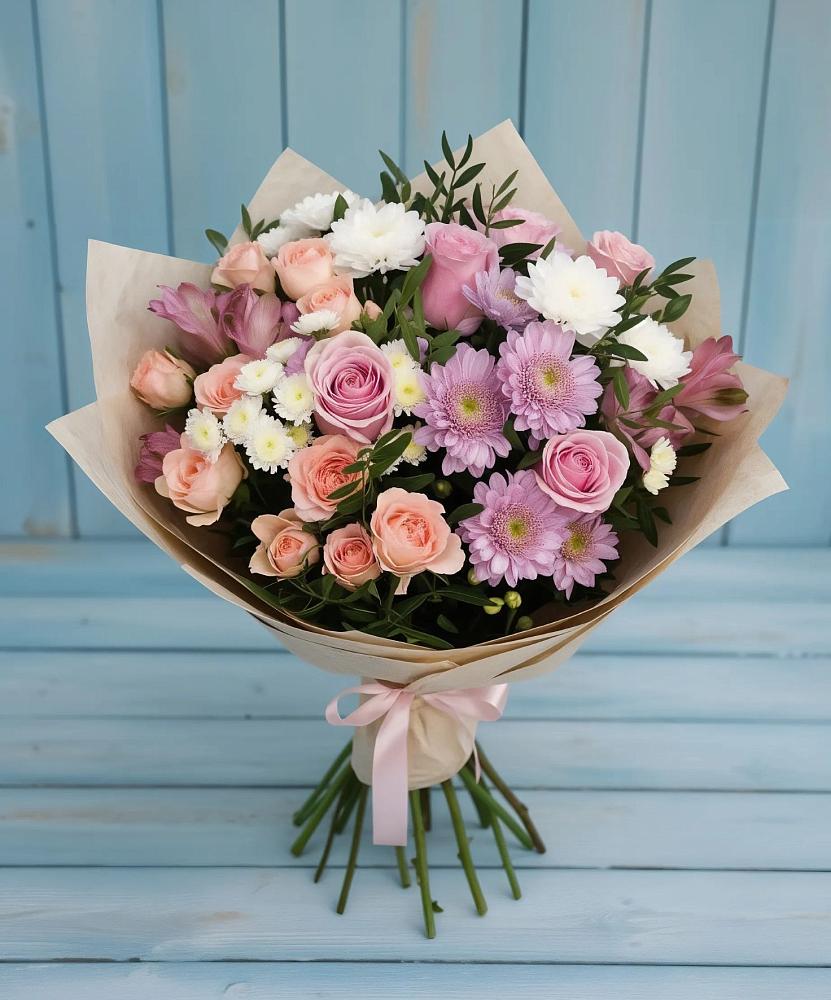Букет цветов из: Хризантемы, Розы и Альстромерии в Первомайском Ставропольского края